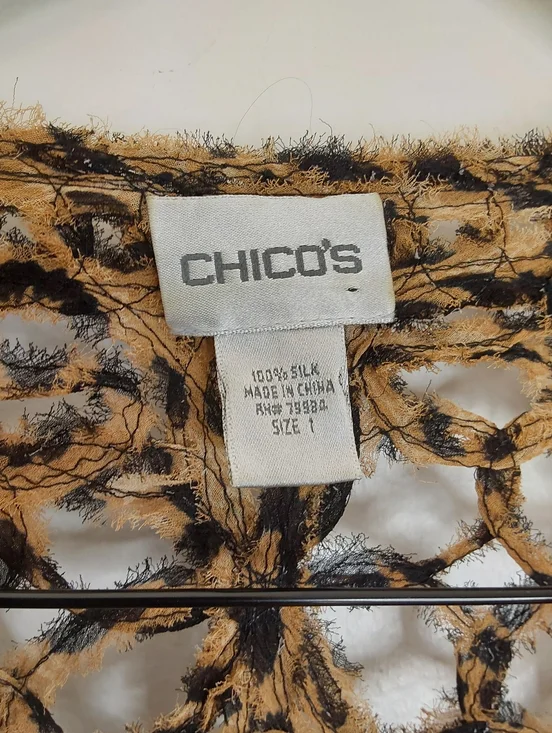 Chico's Boho Chic Silk Animal Print Open Crochet Cropped Tie Front Cardigan - Picture 4 of 6